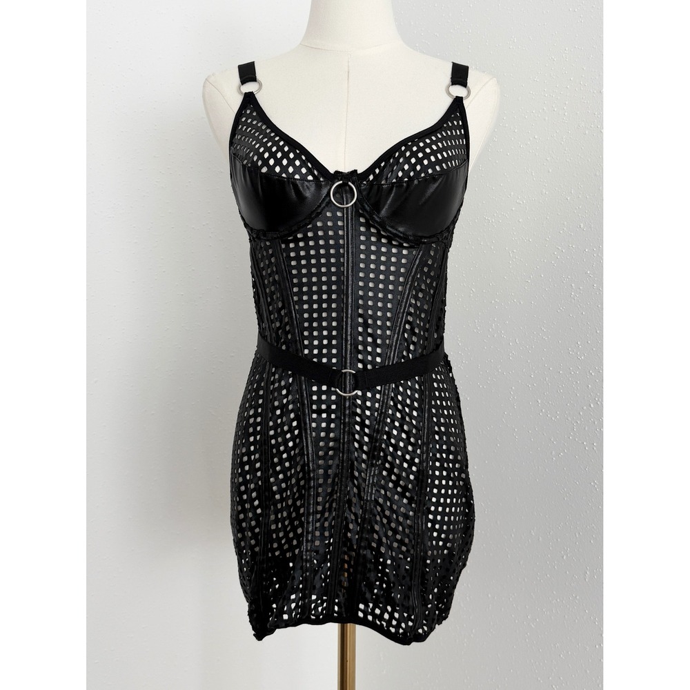 Escante Black Wet Look Mesh Corset Lingerie Mini Dress Cyber Goth Biker Y2K (L)